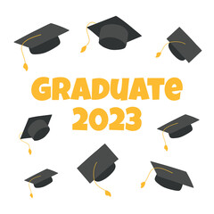 Lettering Graduate 2023. Class of 2023. End of school or last day of school. Vector illustration. Flat cartoon style.