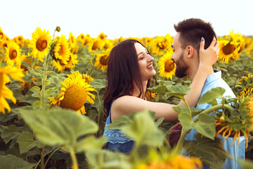 Lovely couple walks through yellow bouquet blooming sunflower field outdoors sunrise warm nature background. Summer holiday relax. Husband and wife hugging kissing embaracing smiling laughing

