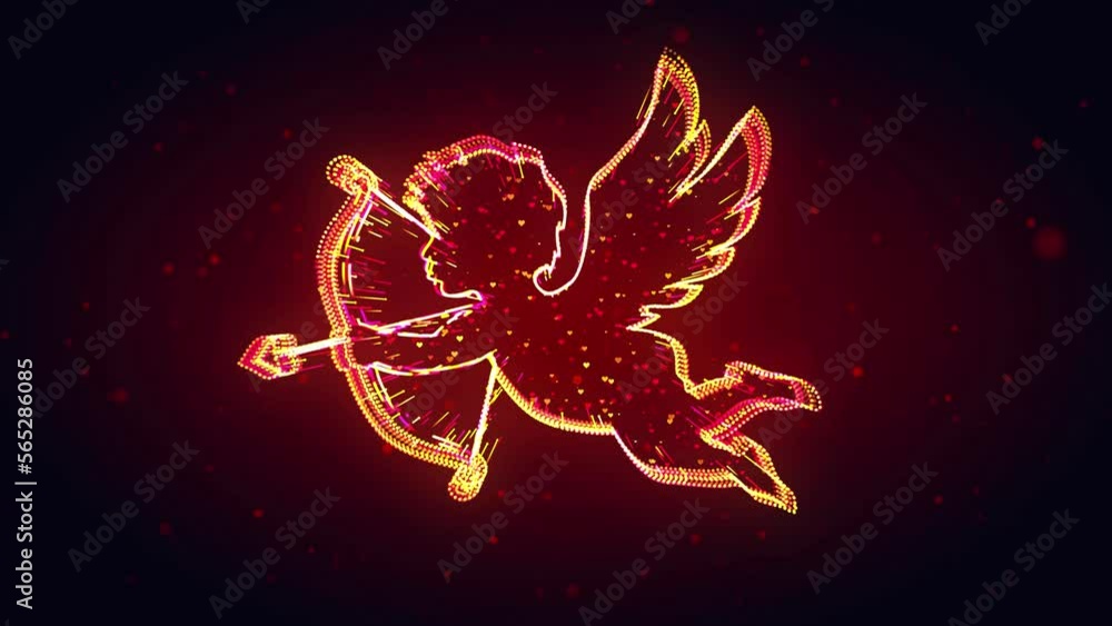 Poster red yellow red shiny flying cupid shape 3d lines effect with twinkle tiny hearts particles motion re