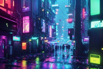 Illustration of a neon rainy cyberpunk city at night, people on the streets with umbrellas