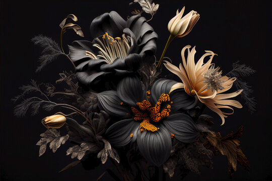 Still life of black flowers. Centerpiece and decoration bouquet. Ai generated.