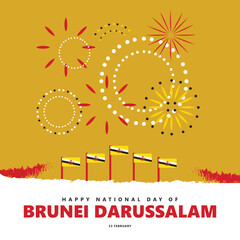 Brunei national day vector illustration with its vectorized national flags and fireworks within yellow background. Southeast Asian country public holiday.