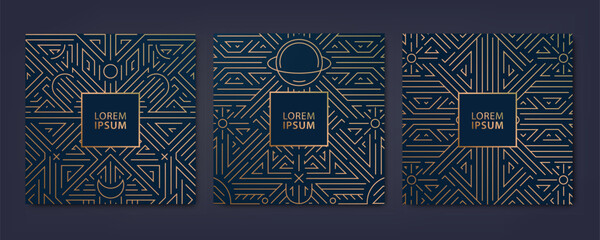 Vector set of luxury cover templates, square line art deco patterns. Fancy design elements planet and moon phases ornament. Use for wallpaper, cards, posters, fortune telling, tarot.