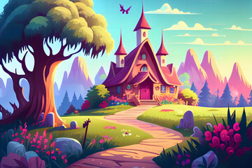 Obraz na płótnie Canvas Cartoon Fairy tale beautiful landscape wallpaper