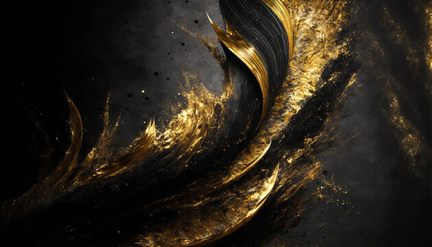 Abstract art. Painting art of an abstract background with swirling gold paint and glitter. Background illustration. Generative AI.