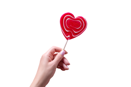 Isolated woman hand holding red heart lollipop , card for Valentines Day celebration.
