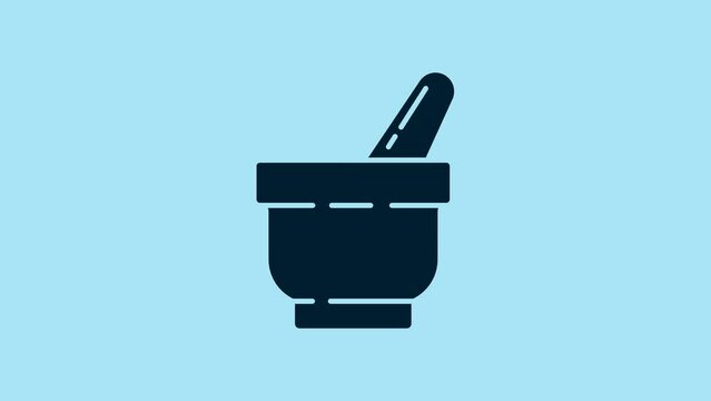 Blue Mortar and pestle icon isolated on blue background. 4K Video motion graphic animation