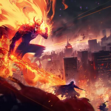 Man fight with fire hell demons,monster illustration digital art painting. Generative AI.