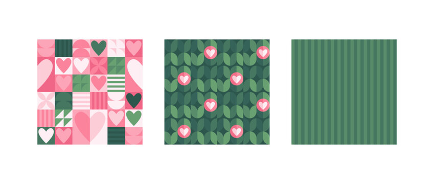 Geometric abstract background. Vector illustration set. Collection of pink and green color heart shape texture for seamless backdrop. Design for valentines day, wedding textile and wrapping paper.