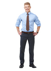Full length shot of a confident young businessman in a shirt and tie with his hands on his hips...