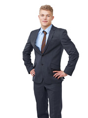 Full length shot of a young businessman wearing a business suit posing with his hands on his hips isolated on a PNG background.