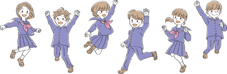 笑顔でジャンプする制服の男子と女子