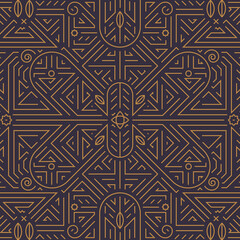 Vector art deco gold black seamless pattern. Geometric line vintage motif with leaves and swirls. Elegant, fancy luxury design for wallpaper print, packaging, wrapping paper, package, wedding gift.
