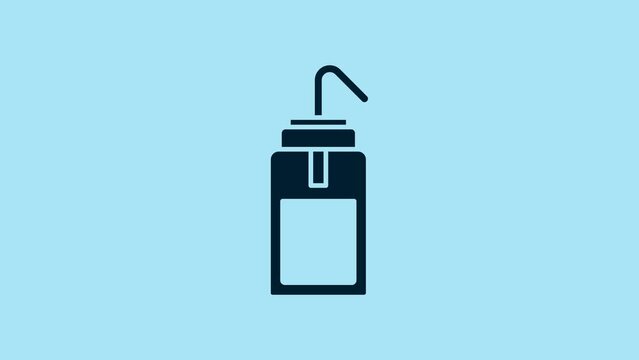 Blue Laboratory wash bottle for chemistry and science lab icon isolated on blue background. Equipment for spraying water and solvents. 4K Video motion graphic animation