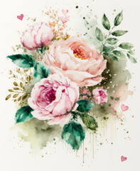 Watercolour roses with floral leaves isolated on white background illustration. Generative AI.