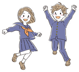 笑顔でジャンプする制服の男子と女子