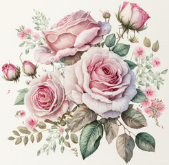 Watercolour roses with floral leaves isolated on white background illustration. Generative AI.