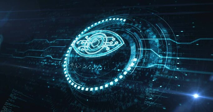 Cyber eye espionage big brother hacking spy and intelligence symbol digital concept. Network, cyber technology and computer background abstract 3d animation. Seamless and loopable.