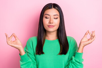 Photo of young korean lady smiling closed eyes after hard day fingers together asana balance retreat practice isolated on pink color background