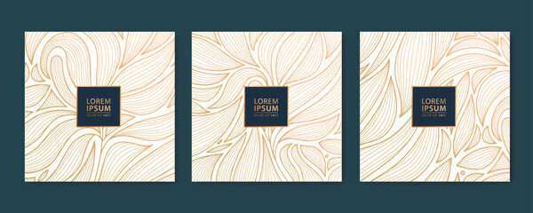 Vector set of abstract luxury golden square cards, post templates for social net, wavy leaves botanical modern, art deco wallpaper background. Pattern, texture for print, fabric, packaging design