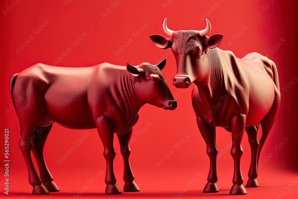 Poster an empty red backdrop with two white cows and a black bull. generative ai