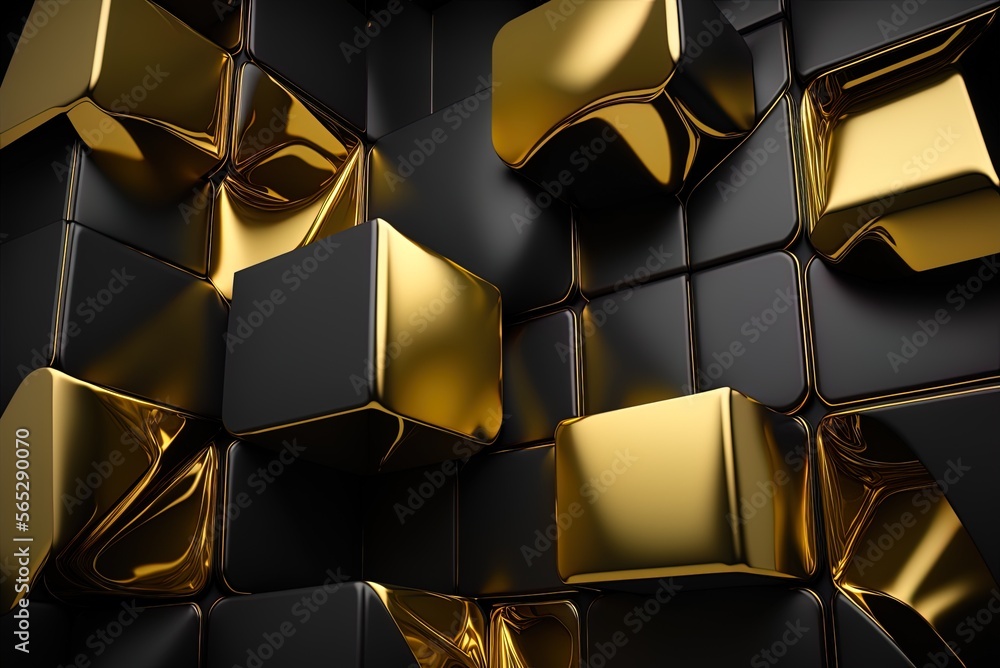 Poster a geometric pattern in black and gold serves as the backdrop. generative ai