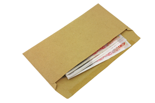An isolated open brown envelope containing fifty pond notes