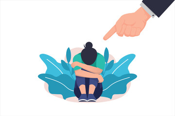 Depressed sad lonely woman in anxiety, sorrow vector cartoon illustration. Loneliness concept of depression with stressed girl sitting and holding her knees need psychotherapy help,