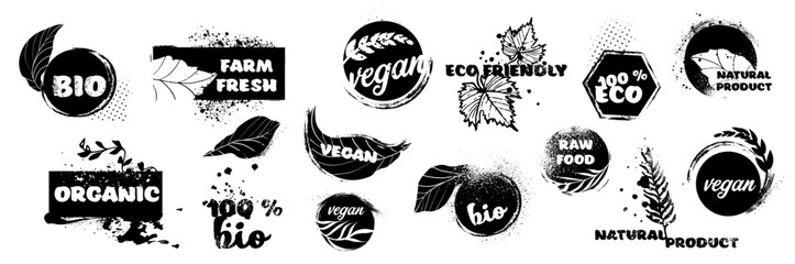 Big collection of bio, vegan, organic, raw, eco and healthy logos, labels, icons and badges. Hand drawn vector set. Colored trendy illustration. Great effect structure. Universally usable.