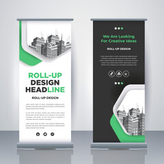 Modern Business Roll Up. Standee Design. Banner Template. Presentation and Brochure. Geometric x-banner and flag-banner advertising. Vector illustration.
