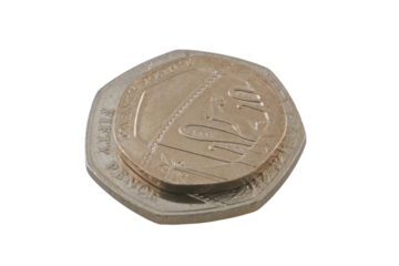 isolated twenty pence coin resting on top of a fifty pence coin. png