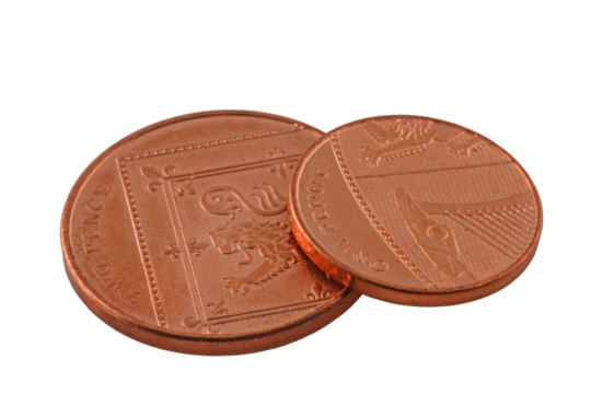 isolated two and one pence coin.	