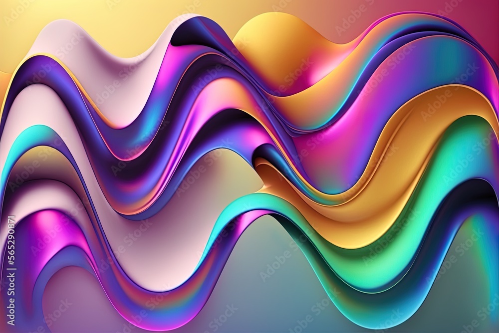 Poster banner wallpaper with a vivid gradient and an abstract holographic wave design in the backdrop. gene