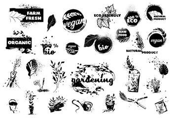 Obraz premium Big collection of bio, vegan, organic, raw, eco and healthy logos, labels, icons and badges. Hand drawn vector set. Colored trendy illustration. Great effect structure. Universally usable.