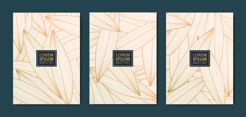 Vector japanese leaves art deco patterns. Floral golden elements template in vintage style. Luxury black line covers, flyers, brochures, packaging design, social media post, banners.