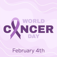 World Cancer Awareness Day February 4th. Lilac or purple ribbon symbol of cancer on light background. Stop cancer campaign Health care square template for social media or website.