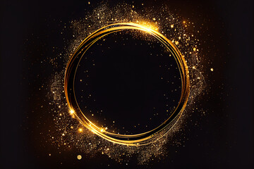 beautiful abstract effect, gold sparkle light circle frame in black background