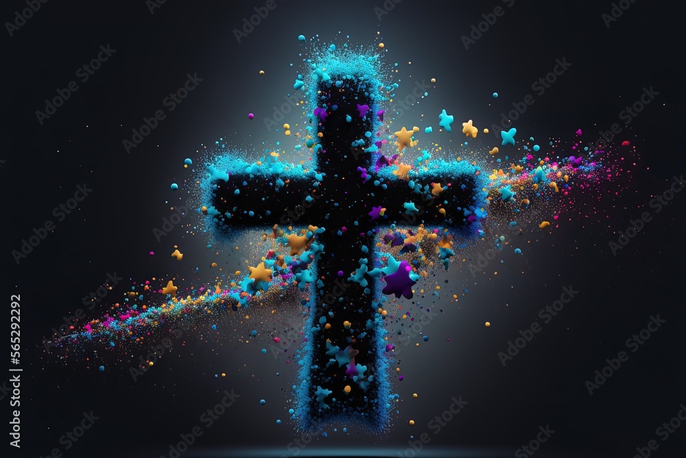 Poster abstract picture of a black glossy cross on a brightly colored particle backdrop. generative ai