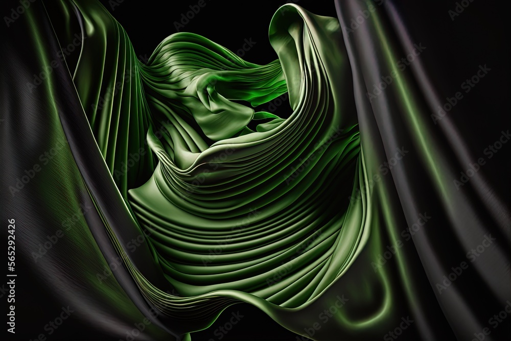 Poster fabric twisted into an abstract shape, floating in the air like a ribbon. opulent, sophisticated, and draped with luxurious texture. A pitch-black backdrop. Pattern on a green fabric Generative AI