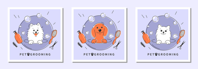 Dog pet grooming. Animal hair grooming salon logo, haircuts, bathing. Cartoon dogs and cat taking bath full of soapy suds.Vector illustration - obrazy, fototapety, plakaty