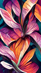 abstract colorful flower on dark tropical foliage nature background illustration Generative AI Content by Midjourney