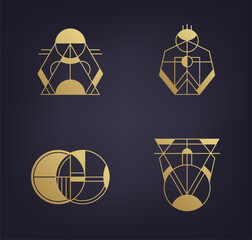 Vector set of abstract geometric logos. Art deco, hipster, golden line style. Circle, triangle, polygon linear shapes. Aztec, magic, esoteric icons, sacred geometry.