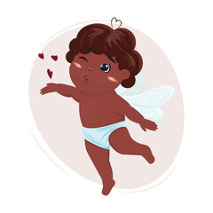Dark skin cupid in love sending kisses.
