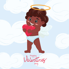 Vector cartoon illustration of the black cupid hugging a red heart in the clouds. Happy Valentines Day.