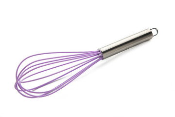 Purple silicone whisk on a white isolated background. Top view.