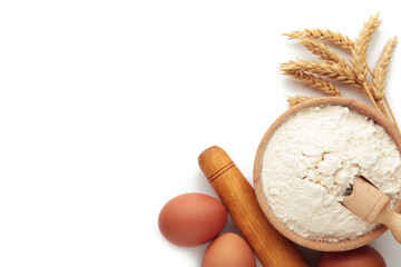 Ingredients for baking or cooking, egg, flour isolated on white background.