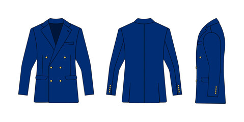Double breasted suit jacket vector template illustration ( with side view) | blue