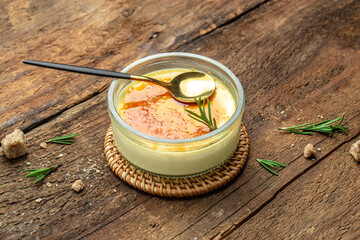 French Creme Brulee on a wooden background, Restaurant menu, dieting, cookbook recipe top view