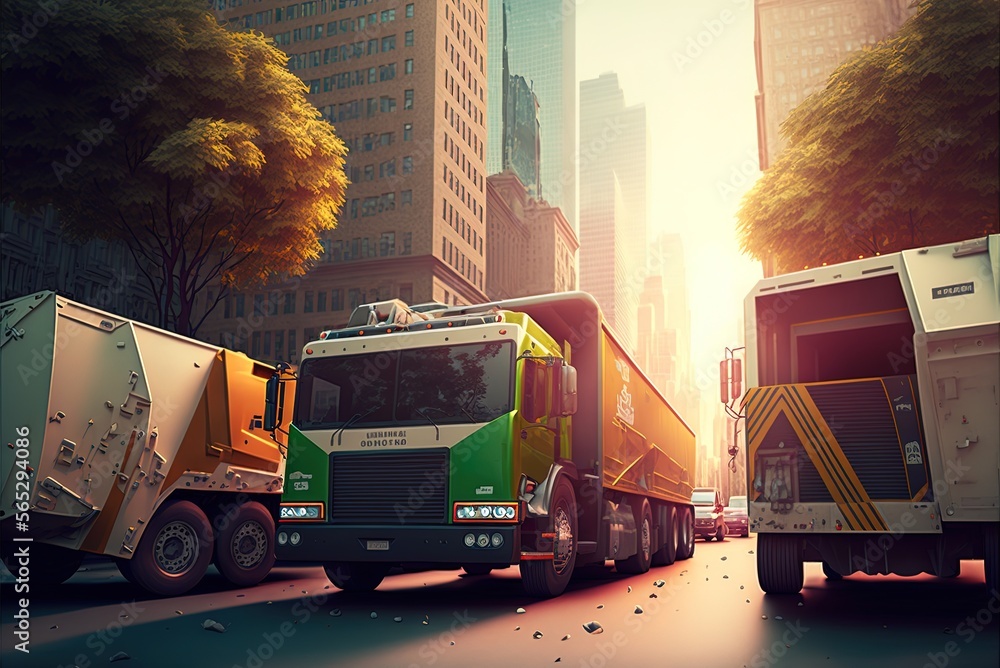 Poster image depicting the notion of waste collection and disposal in a metropolis. generative ai