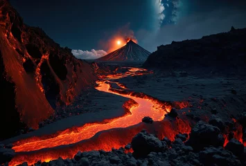 Fotobehang volcano eruption with lava river flow on ground at night time Generative Ai © QuietWord